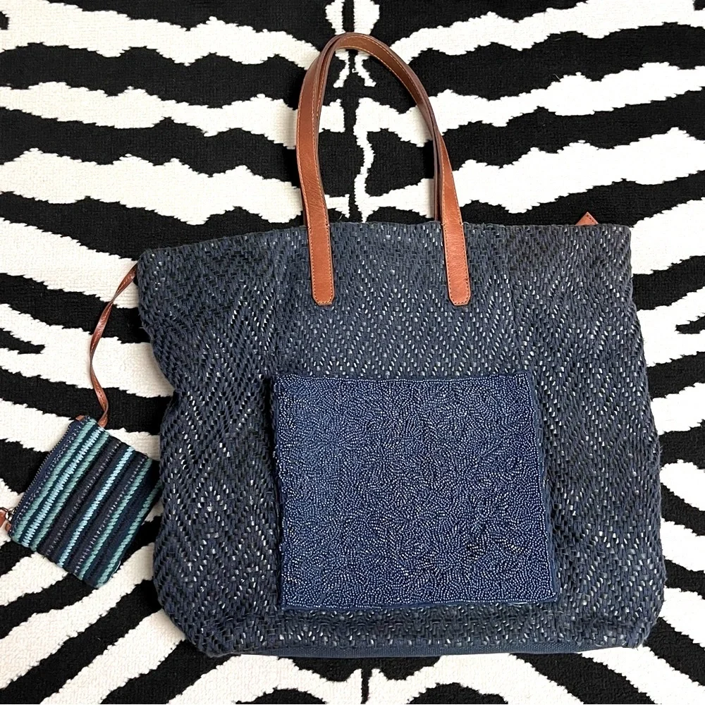 Anthropologie Jasper & Jeera Navy Woven Beadwork Tote